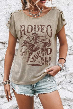 Khaki rodeo graphic tee with button shoulder details and a relaxed fit.