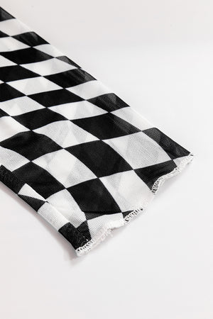 Black and white checkered mesh blouse with raw hem detail