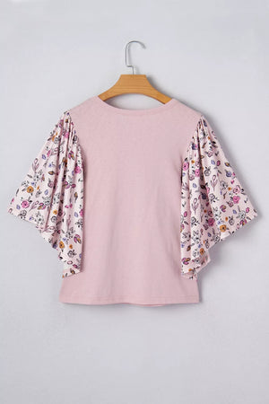 Maternity crew neck shirt in pink cotton with floral patchwork flutter sleeves.