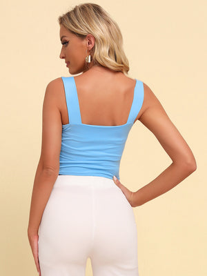 Sky blue knit crop top with square neckline and wide straps, shown from back.