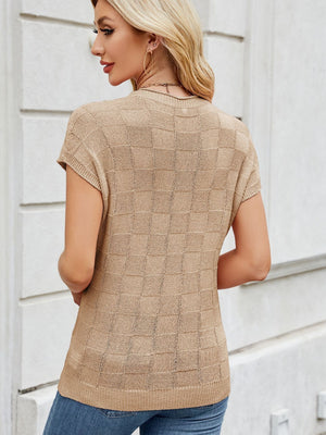 Tan textured knit short sleeve t-shirt with a checkerboard pattern.