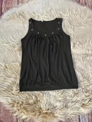 Black V-neck ruched tank top with eyelet accents on neckline.