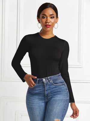 Black ribbed long sleeve bodysuit with crew neck.