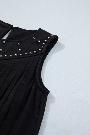 Black sleeveless tank top with rhinestone embellishments and fringe detail.