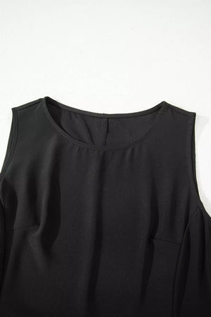 Black sleeveless maxi dress with round neckline and subtle dart details.
