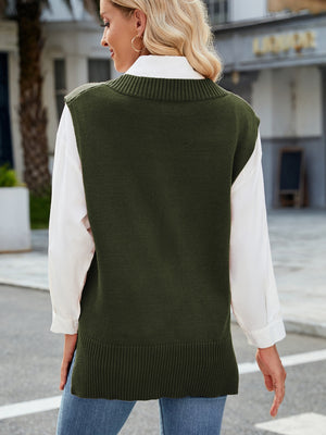 Army green ribbed knit V-neck sweater vest with a relaxed fit, worn over a white shirt.