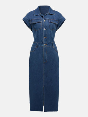 Sleeveless denim midi dress in medium wash with button front and front slit