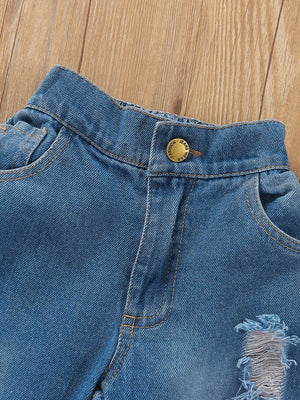 Children's Tie Shoulder Tank And Distressed Jeans Set in Blue, back view