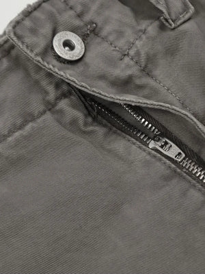 Gray utility cargo pants with distressed fabric detail and silver zipper.
