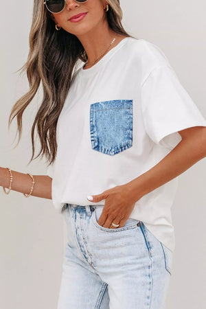 White cotton tee with a blue denim chest pocket.