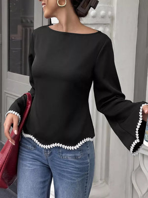 Contrast Trim Flare Sleeve Blouse in Black, close-up detail