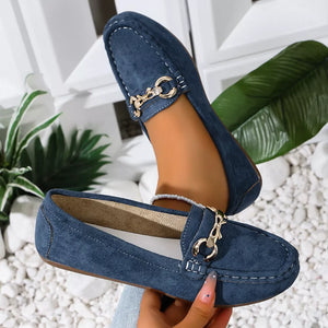 Comfortable Flat Loafers With Buckle in Dark Blue, close-up detail