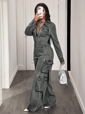 Zip Front Wide Leg Cargo Denim Jumpsuit, alternate angle