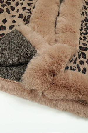 Leopard print cape with plush faux fur trim in beige.