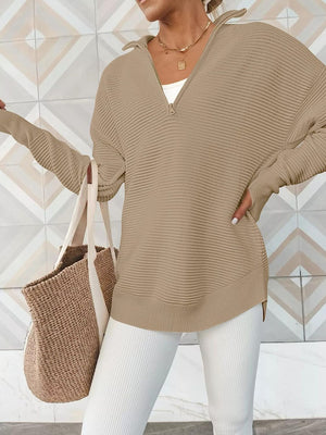 Camel ribbed knit pullover sweater with funnel neck and quarter zip, long sleeves.