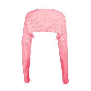 Ribbed knit shrug with extended sleeves in Blush Pink.