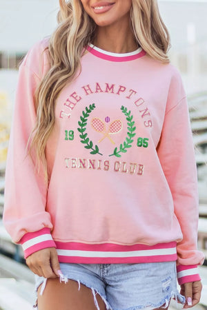 Embroidered Tennis Club Crew Neck Pullover Sweatshirt in Blush Pink, side view