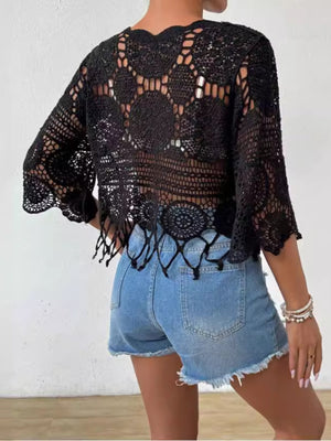 Black crochet medallion fringe top with bell sleeves and a scalloped hem.