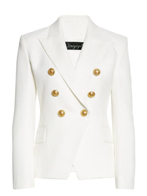 White double-breasted blazer with gold buttons and notched lapels.