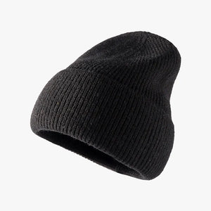 Black ribbed knit slouch beanie with a relaxed fit