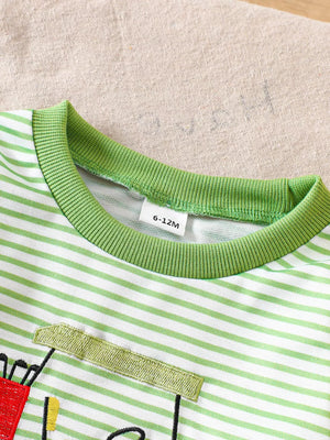 Children's Golf Cart Striped Top And Pants Set in Light Green, close-up detail