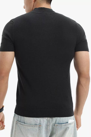 Black knit mock neck short sleeve top with ribbed trim