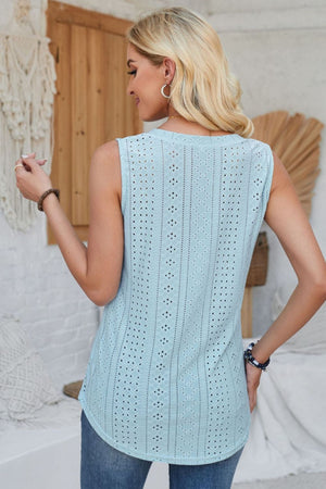 Aqua perforated button-down sleeveless top with eyelet detail