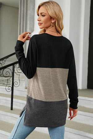Colorblock long sleeve tee in black, camel, and charcoal with side slits.