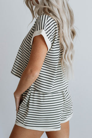 Ribbed stripe tee and short set with cuffed sleeves and contrast trim.