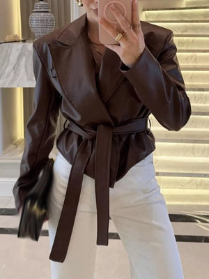 Belted Leather Jacket With Shawl Collar in Dark Brown, view 19