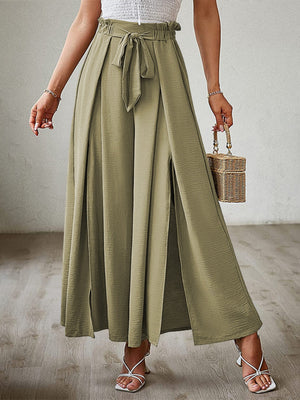 Matcha green paperbag waist palazzo pants with tie belt and high side slits.