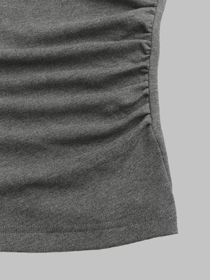 Grey two-piece set with ruching detail and drawstring.