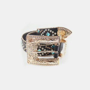 Black embellished western belt with ornate gold buckle and turquoise accents