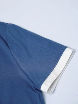Dark Blue t-shirt with white contrast trim on the sleeve cuff.