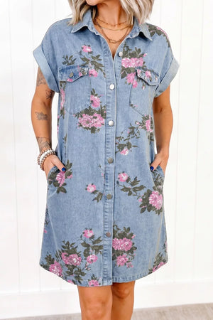 Denim shirt dress with pink floral print, short sleeves, and button front.
