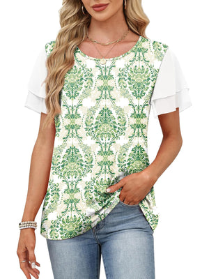Layered ruffled short sleeve t-shirt in green floral print with white sheer sleeves.