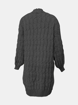 Gray acrylic cable knit duster cardigan with a textured pattern and mock neck.