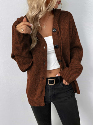 Brown hooded knit cardigan with button front and ribbed cuffs.