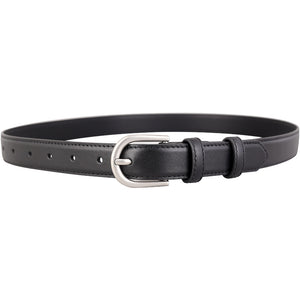 Black leather belt with silver buckle and keeper strap