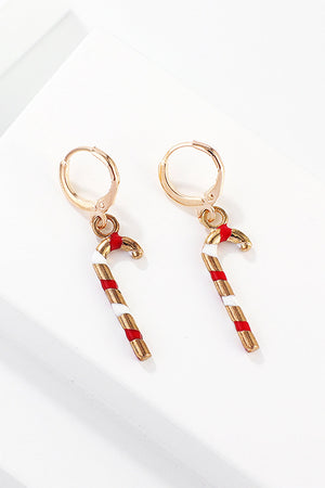 Festive candy cane hoop earrings with red and white stripes, gold-tone alloy.