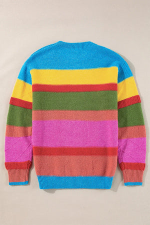 Rainbow stripe knit crewneck sweater with crew neckline and long sleeves.
