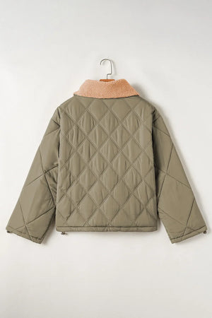 Quilted utility jacket in sage with a cozy shearling collar.