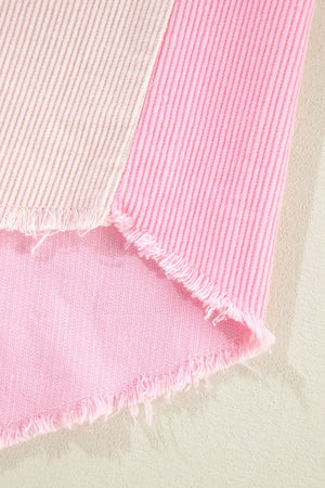 Colorblock corduroy shacket in blush pink with raw edges and vertical stripes.
