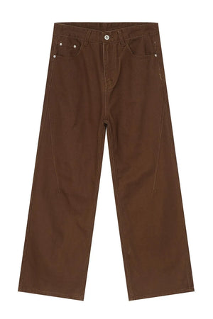 Brown wide-leg denim jeans with angular seams and a casual fit.