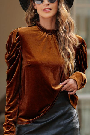 Brown velvet blouse with gathered puff sleeves and a mock neck.