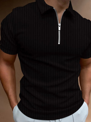 Black ribbed zip-neck polo shirt with short sleeves.