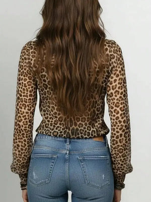 Leopard Print Ruffle V-neck Blouse in Leopard, close-up detail