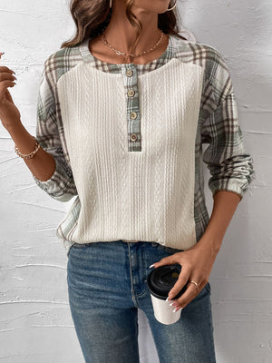 Textured cream henley top with plaid raglan sleeves and button detail