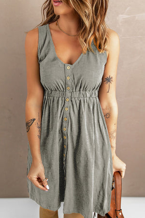 Gathered waistline button-down mini dress in gray with V-neck and sleeveless cut.