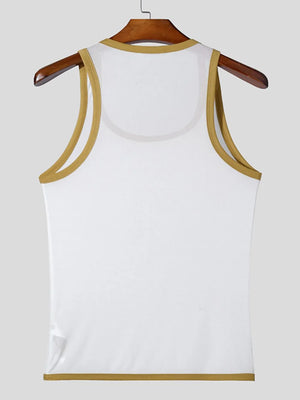 White mesh tank top with contrast trim neckline and hem